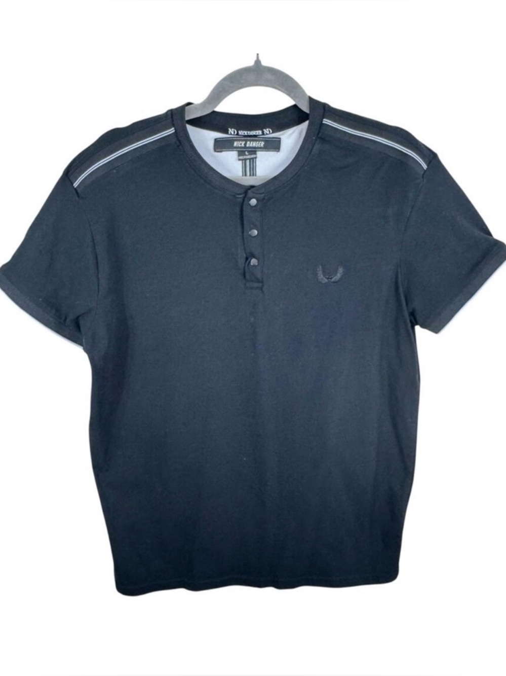 Nick Danger Cotton Black Short Sleeve Crew Neck 1/4 Snap T-Shirt Men's Size L‎